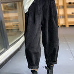 Italian Black Elastic Waist Pockets Warm Fleece Corduroy Pants Winter