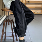 Italian Black Elastic Waist Pockets Warm Fleece Corduroy Pants Winter