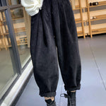 Italian Black Elastic Waist Pockets Warm Fleece Corduroy Pants Winter