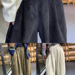 Italian Black Elastic Waist Pockets Warm Fleece Corduroy Pants Winter