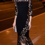 Italian Black Embroidered Tulle Patchwork Fishtail Skirt Dress Half Sleeve