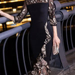 Italian Black Embroidered Tulle Patchwork Fishtail Skirt Dress Half Sleeve