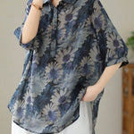 Italian Blue Peter Pan Collar Print Patchwork Cotton Blouses Summer