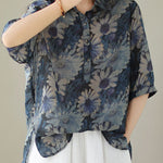 Italian Blue Peter Pan Collar Print Patchwork Cotton Blouses Summer