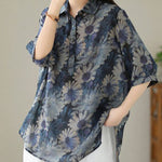 Italian Blue Peter Pan Collar Print Patchwork Cotton Blouses Summer