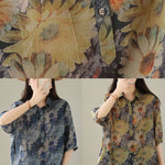 Italian Blue Peter Pan Collar Print Patchwork Cotton Blouses Summer