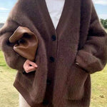 Italian Chocolate V Neck Pockets Warm Mink Hair Knitted Cardigans Winter