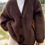 Italian Chocolate V Neck Pockets Warm Mink Hair Knitted Cardigans Winter