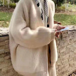 Italian Chocolate V Neck Pockets Warm Mink Hair Knitted Cardigans Winter