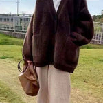 Italian Chocolate V Neck Pockets Warm Mink Hair Knitted Cardigans Winter