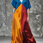 Italian Colorblock V Neck Loose Silk Long Dress Summer