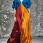 Italian Colorblock V Neck Loose Silk Long Dress Summer