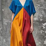 Italian Colorblock V Neck Loose Silk Long Dress Summer