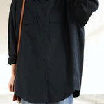 Italian Lapel Pockets Spring Tops Women Black Blouses