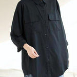 Italian Lapel Pockets Spring Tops Women Black Blouses