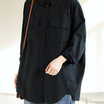 Italian Lapel Pockets Spring Tops Women Black Blouses