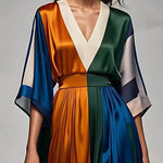 Italian V Neck High Waist Patchwork Silk Maxi Dress Half Sleeve