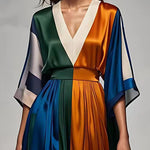 Italian V Neck High Waist Patchwork Silk Maxi Dress Half Sleeve