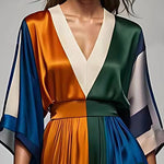 Italian V Neck High Waist Patchwork Silk Maxi Dress Half Sleeve