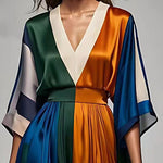 Italian V Neck High Waist Patchwork Silk Maxi Dress Half Sleeve