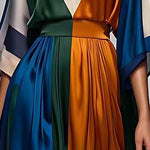 Italian V Neck High Waist Patchwork Silk Maxi Dress Half Sleeve