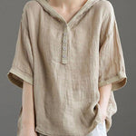 Khaki hooded Patchwork Summer Linen Blouses