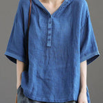 Khaki hooded Patchwork Summer Linen Blouses