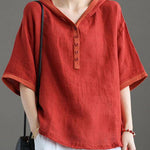 Khaki hooded Patchwork Summer Linen Blouses