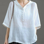 Khaki hooded Patchwork Summer Linen Blouses