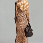Fashionable And Elegant Brown Chiffon Leopard Print Long Sleeve Maxi Dress