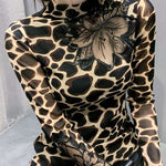 Leopard print Blouses Tops Hollow Out Spring
