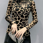 Leopard print Blouses Tops Hollow Out Spring