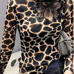 Leopard print Blouses Tops Hollow Out Spring
