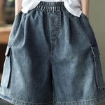 Loose Blue Elastic Waist Wide Leg Summer Denim hot Pants