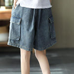 Loose Blue Elastic Waist Wide Leg Summer Denim hot Pants