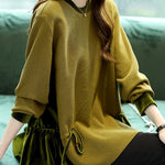 Loose Green O-Neck Patchwork Drawstring Sweatshirts Top Long Sleeve