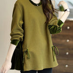 Loose Green O-Neck Patchwork Drawstring Sweatshirts Top Long Sleeve