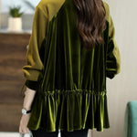 Loose Green O-Neck Patchwork Drawstring Sweatshirts Top Long Sleeve