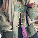 Loose Green Oriental Buttpn Patchwork Corduroy Pockets Fine Cotton Filled Coats Winter
