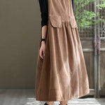 Loose Light Orange O-Neck Patchwork Corduroy Party Dress Sleeveless