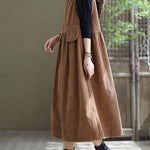 Loose Light Orange O-Neck Patchwork Corduroy Party Dress Sleeveless