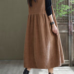 Loose Light Orange O-Neck Patchwork Corduroy Party Dress Sleeveless