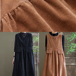 Loose Light Orange O-Neck Patchwork Corduroy Party Dress Sleeveless