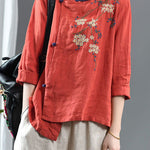 Loose Orange Embroidered Floral Linen Top Half Sleeve