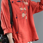 Loose Orange Embroidered Floral Linen Top Half Sleeve