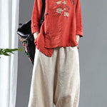 Loose Orange Embroidered Floral Linen Top Half Sleeve