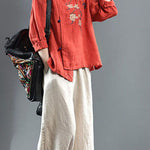 Loose Orange Embroidered Floral Linen Top Half Sleeve