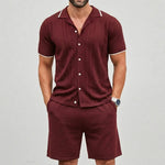 KZZ Men's Casual Breathable Contrast Trim Short Sleeve Shirts & Shorts  Set