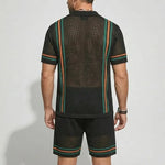 KZZ Men's Vacation Contrast Striped Short Sleeve Mesh Knit Shirt & Drawstring Shorts Set