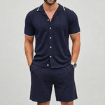 KZZ Men's Casual Breathable Contrast Trim Short Sleeve Shirts & Shorts  Set